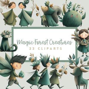 Magical Forest Creatures Clipart | 23 PNGs | Watercolor Pencil Procreate Art | Turquoise Green Fantasy Woodland | Digital Download
