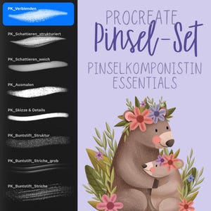 Pode incluir: Ilustração digital de uma ursa e seu filhote com coroas de flores, em um fundo lavanda. A imagem inclui o texto: "PROCREATE Pinsel-Set PINSELKOMPONISTIN ESSENTIALS" e exemplos de pinceladas.