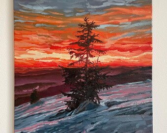 May include: A painting of a dark green pine tree silhouetted against a vibrant orange and red sunset. The sky is filled with clouds, and the ground is covered in snow.