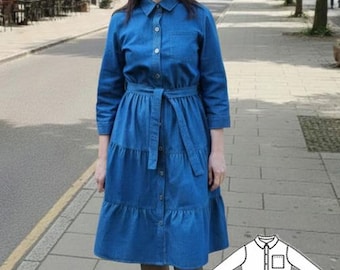 This loose A-line dress, just below the knee, is designed for comfort and elegance.