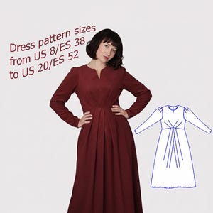Könnte beinhalten: Burgunderfarbenes Kleid mit langen Ärmeln und V-Ausschnitt, mit Faltenrock. Ein Schnittmuster ist ebenfalls abgebildet. Der Text lautet: "Kleiderschnittmuster Größen von US 8/ES 38 bis US 20/ES 52."
