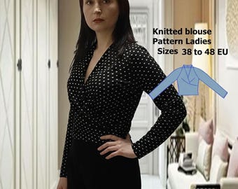 Выкройка трикотажной блузки: длинный рукав реглан, V-образный вырез (A4, A0, DXF)