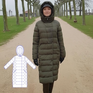 May include: An olive green, long puffer coat with a hood, worn by a person on a path lined with trees. The coat has a quilted design and a high collar. A pattern diagram is in the lower left corner. Text on the image reads: PDF Pattern, women's winter coat size from USA 6 to USA 14.