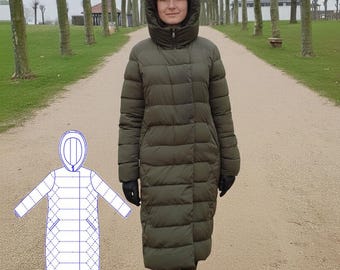 Pattern for a winter women's padded down jacket with a hood.