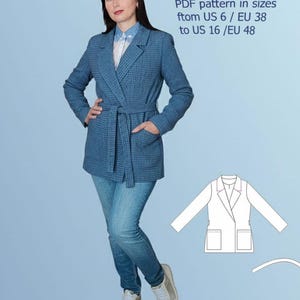 May include: A woman wearing a blue blazer with a belt, jeans, and sneakers. The blazer has a checkered pattern and pockets. Text on the image reads: Women's blazer a belt PDF pattern in sizes from US 6 to US 16.