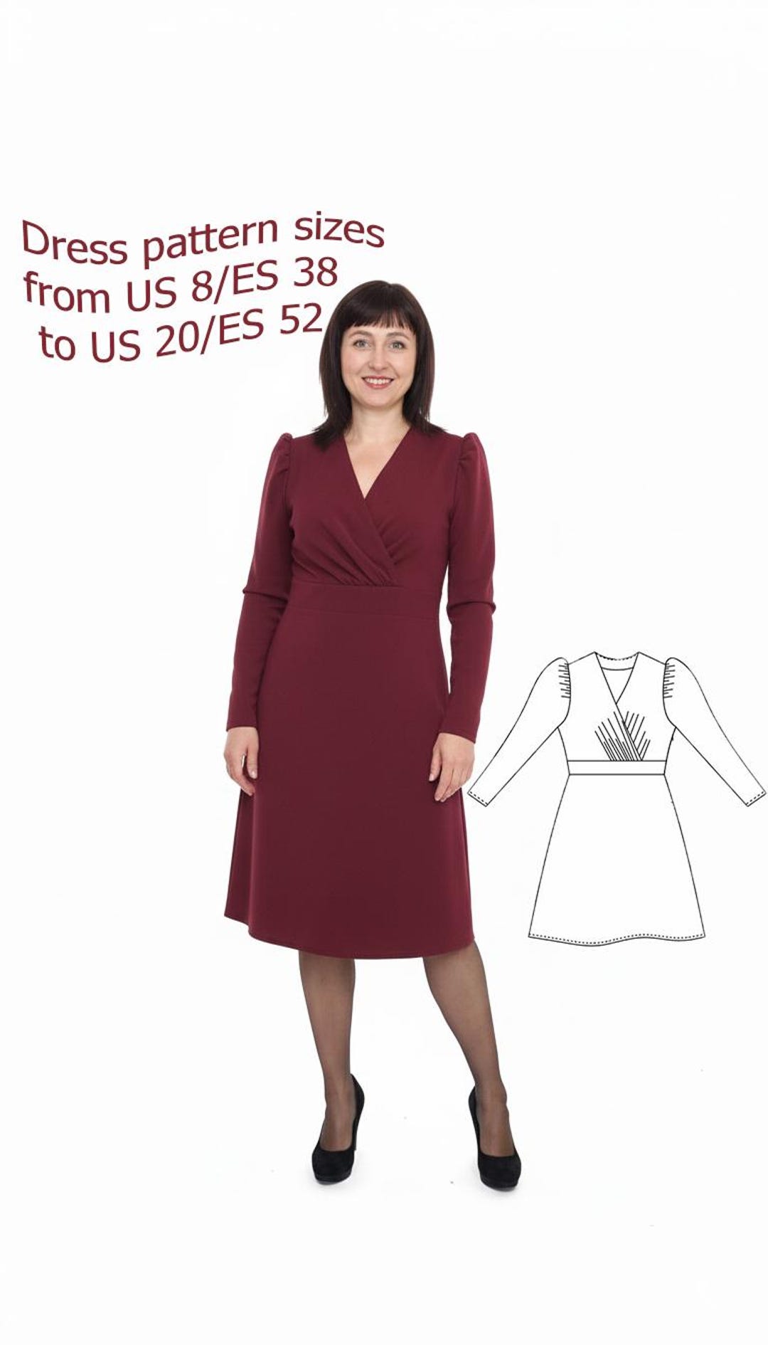 Fitted V-neck Dress Sewing Pattern: US 8-20 (A4, A0, DXF) - Etsy Israel