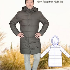 Pode incluir: Uma pessoa usando um casaco de inverno verde-oliva escuro com capuz, em pé ao ar livre. O casaco é longo e acolchoado. O texto na imagem diz: Padrão de casaco de inverno tamanhos Euro de 48 a 60. Um diagrama do casaco também é mostrado.