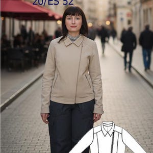 May include: A woman in a beige denim jacket with a diagonal zip, paired with dark blue trousers. Text reads "Denim jacket sizes from US 6/ES 38 to US 20/ES 52". A jacket pattern is also visible.