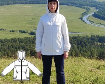 White Hooded Windbreaker Pattern: Adjustable Drawstring, Elastic Cuffs (Multiple Sizes)