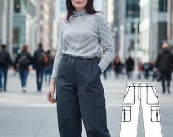 Wide Leg Cargo Pants Sewing Pattern: Patch Pockets, US 6-20 (A4, Letter, A0, DXF)