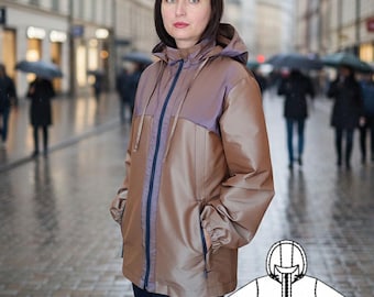 The pattern for a women's windbreaker raincoat of medium volume, in a straight silhouett.