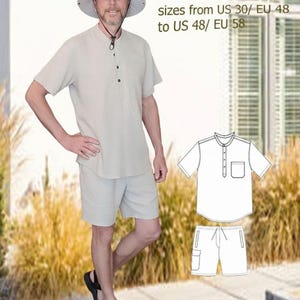 Può includere: È mostrato un completo estivo in lino beige chiaro, composto da una camicia a maniche corte e pantaloncini. L'outfit è completato da un cappello beige chiaro e sandali neri. Il testo sull'immagine recita: "PDF pattern of men's summer linen suit sizes from US 30/ EU 48 to US 48/ EU 58."