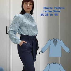 Выкройка блузки: воротник-стойка, длинные рукава (форматы A4, Letter, A0, DXF)