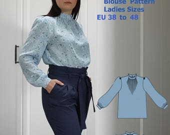 Выкройка блузки: воротник-стойка, длинные рукава (форматы A4, Letter, A0, DXF)