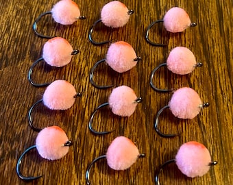 1 Dozen High Quality Glo Bug Egg Flies for Trout, Steelhead, and Salmon-Strong Super-Sharp hooks- Size 4- Peachy King, Clown, and Flame