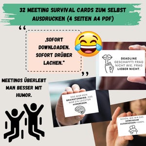 Cartes de survie en réunion – 32 cartes de bureau amusantes à imprimer | Téléchargement PDF | Cadeau pour les collègues