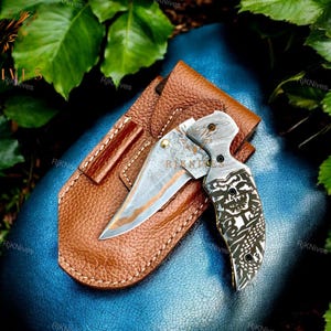 Copper Damascus Pocket Knife Handmade Skull Engraved Anniversary Gift Copper Folding Knife Unique Gift