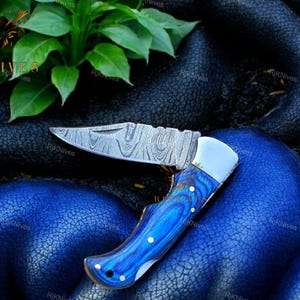 Handmade Damascus Steel Folding Knife, Pakka Wood Handle, Anniversary Gift