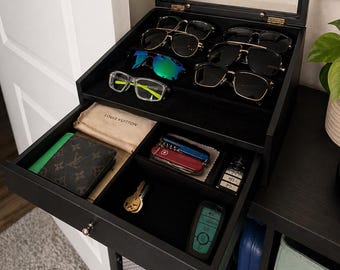 14 Slot Wooden Sunglasses Display Organizer Box with Velvet Interior | Eyeglass Holder | Glasses Display | Anniversary Gift Men