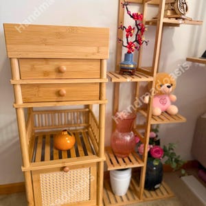 May include: A light brown bamboo storage cabinet with two drawers, a slatted shelf, and a woven door. A matching bamboo plant stand with multiple shelves displays decorative items, including a vase with red flowers, a teddy bear, and a decorative violin.