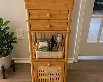 Bamboo Rolling Makeup Organizer with 3 Drawers | Cosmetic Display | Hair Tools Organizer | Beauty Supplies Holder | Mothers Day Gift