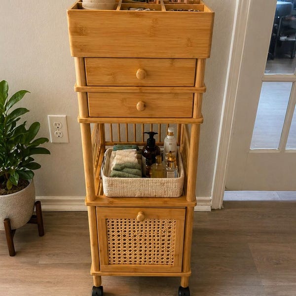 Bamboo Rolling Makeup Organizer with 3 Drawers | Cosmetic Display | Hair Tools Organizer | Beauty Supplies Holder | Mothers Day Gift