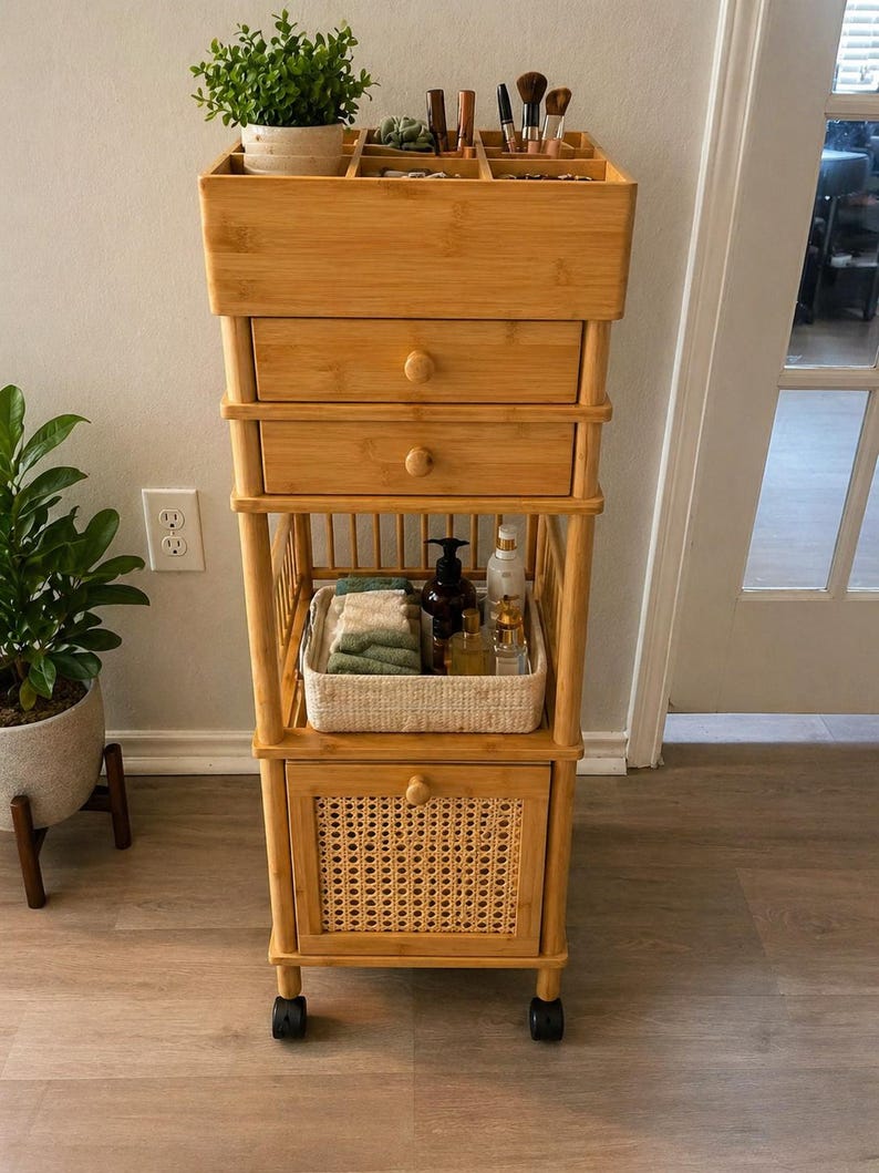 May include: A light brown bamboo rolling cart with multiple storage compartments. The top section has dividers for organizing items, with two drawers below. A woven basket and a cabinet with a woven front are also included.
