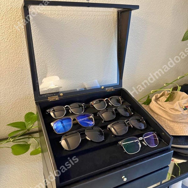 14 Slot Wooden Sunglasses Display Organizer Box with Velvet Interior | Eyeglass Holder | Glasses Display | Anniversary Gift Men