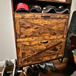 Rustic Wooden Shoe Cabinet with 2 Flip Drawers | Organizer with Doors | Shoe Rack | Entryway Shoe Rack | Shoe Shelf Entryway | Home Decor
