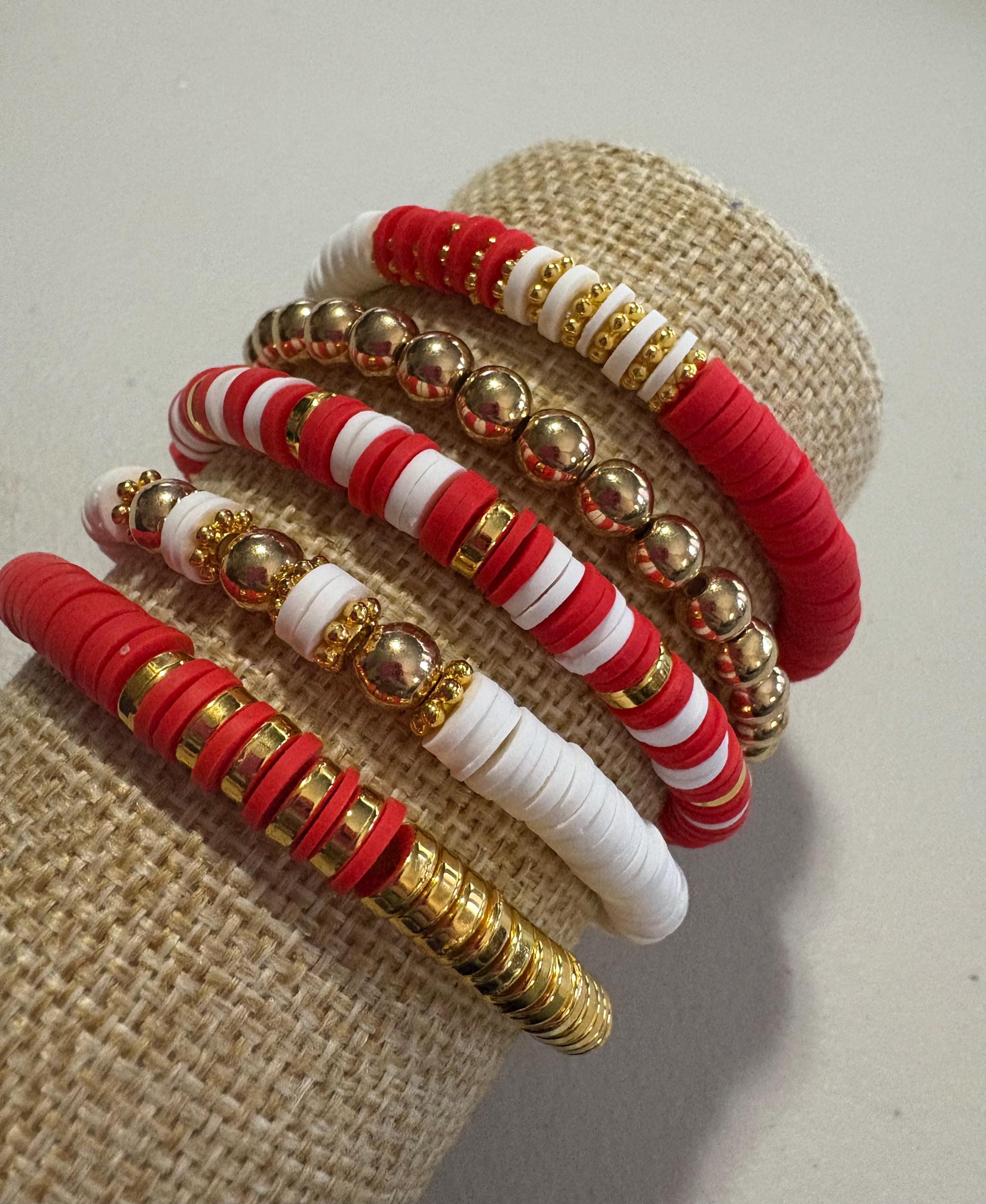 Red and White w/Gold Heishi Clay Beaded Bracelet Set