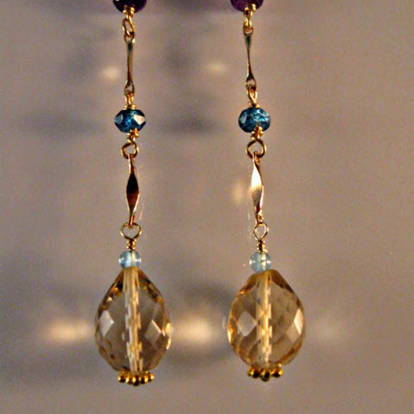 Multi Gemstone Dangle Earrings, gemstone earrings, gemstone jewelry, gold earrings, dangle earrings, amethyst earrings, drop