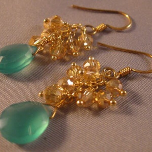 Green Onyx Gold Cluster Earrings - gemstone earrings, gold earrings, green onyx earrings, crystal earrings