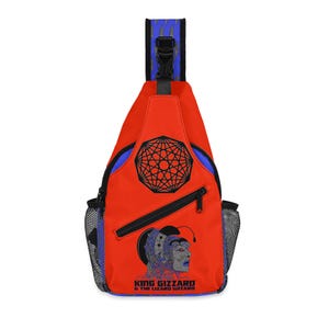 May include: A red and blue sling bag with a geometric design and the text "King Gizzard & The Lizard Wizard".