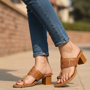 Handmade Kolhapuri Chappal with Block Heel - Indian Leather Boho Sandals