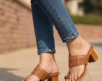 Handmade Kolhapuri Chappal with Block Heel - Indian Leather Boho Sandals