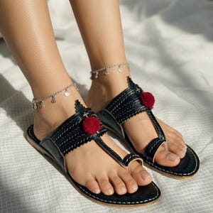 Black Leather Kolhapuri Chappal: Handmade Indian Sandals For Women