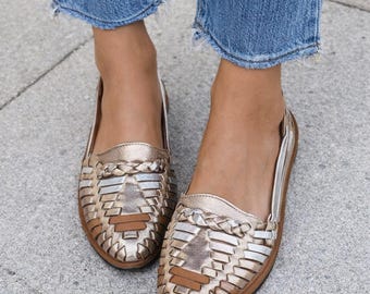 Handwoven Leather Huaraches for Women | Metallic Woven Flats | Everyday Casual Sandals