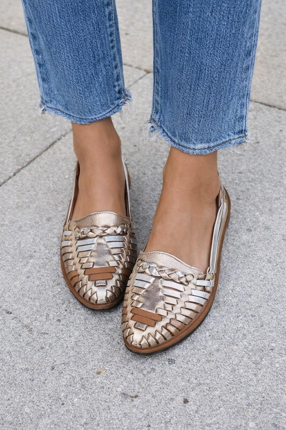 Handwoven Leather Huaraches for Women | Metallic Woven Flats | Everyday Casual Sandals