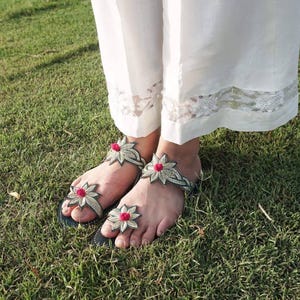 Handmade Zari Embroidered Flats For Women - Ethnic Sandals - Pakistani Jutti - Flat Leather Sandals