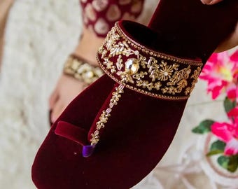 Embroidered Maroon Indian Kolhapuri/Sandals – Traditional Ethnic Footwear for Women, Wedding & Festive Wear