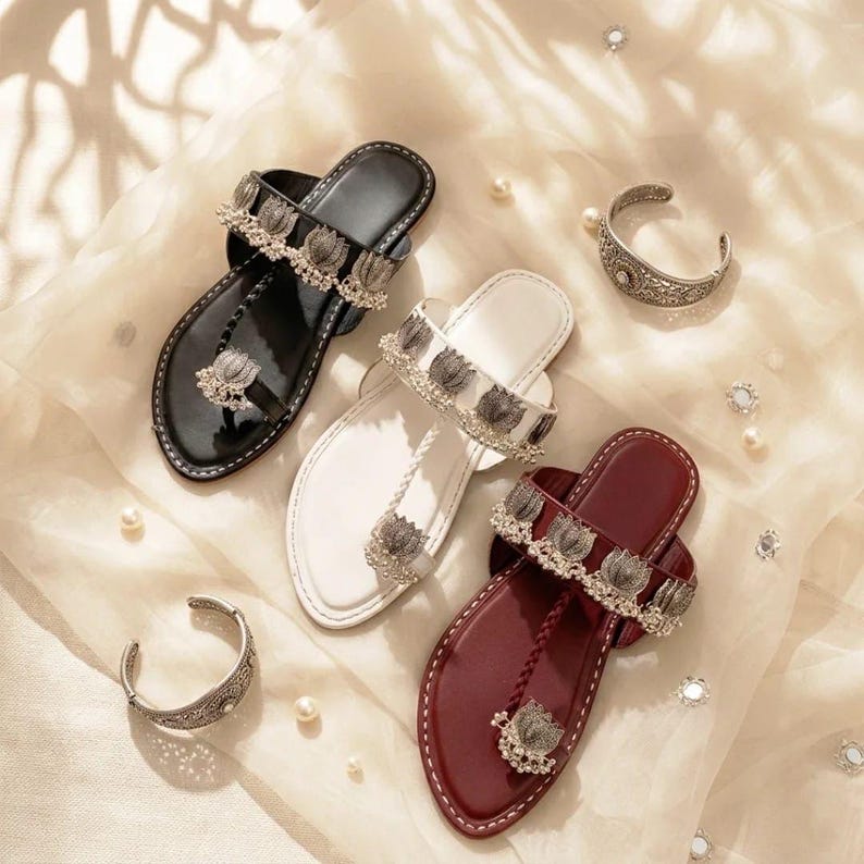 Kashmiri Kolhapuri Chappal for Women: Handmade Maroon Leather Sandals- Ethnic Lotus Design Flats - Traditional Indian Pakistani Footwear image 3