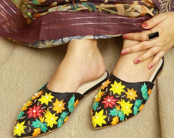 Handmade Embroidered Floral Mules: Boho Pakistani Slip-On Flats