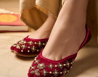 Handmade Maroon Velvet Bridal Jutti: Pearl Embellished Khussa Shoes