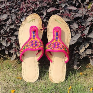 Handmade Embroidered Leather Flats for Women | Colorful Kolhapuri Chappal Sandals | Ethnic Indian Shoes | Customisable