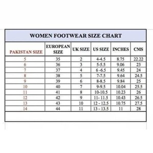 May include: A women's footwear size chart with columns for Pakistan, European, UK, and US sizes, inches, and centimeters. The chart includes sizes from 5 to 14, with corresponding measurements in inches and centimeters.