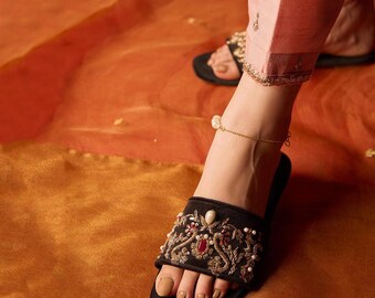 Embroidered Black Velvet Bridal Flats: Indian Pakistani Khussa Wedding Shoes
