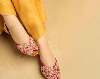 Pink Bridal Khussa Jutti : Handcrafted Velvet Flats with Golden Embroidery - Women Wedding Shoes