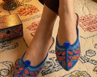 Women Handmade Khussa Jutti : Blue Embroidered Pakistani Shoes - Traditional Ethnic Flats