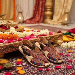 May include: A pair of colorful, patterned sandals with brown leather straps. The sandals feature intricate embroidery in shades of red, purple, blue, and yellow. They are displayed on a decorative table with floral arrangements and rose petals.