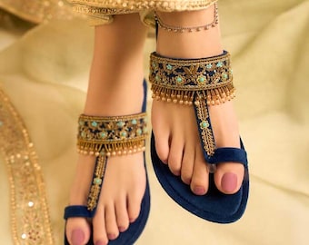 Blue Embroidered Kolhapuri Chappal: Handmade Women’s Sandals - Indian Pakistani Ethnic Footwear - Boho Traditional Shoes